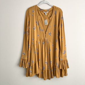 Free People Floral V-Neck Long Sleeve Olivia Tunic Dress in Marigold Sz S NWT